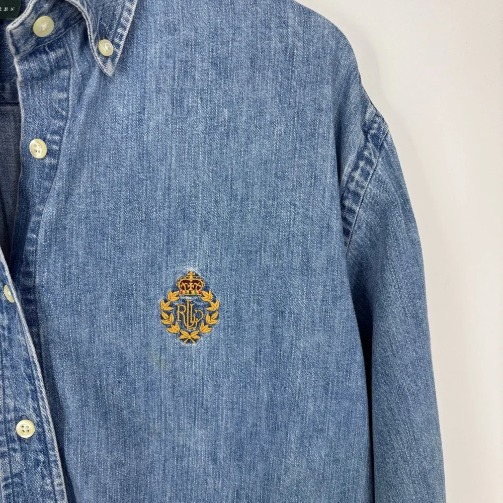 VTG 90s Lauren Ralph Lauren Crest Logo Denim Button Down Shirt Women L Blue FLAW
